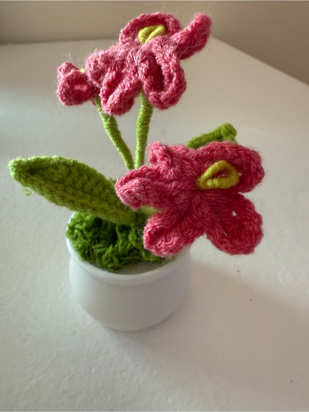 Handmade Pink Crochet Flower Pot with Green Leaves